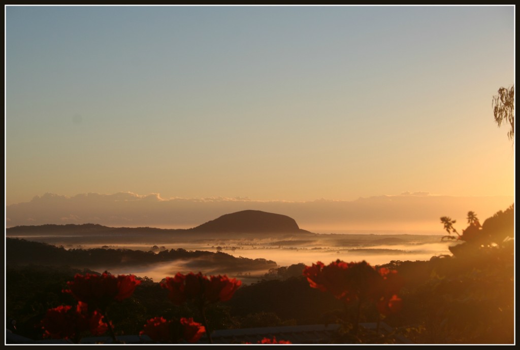 View of mountain with fog in valley beautiful sunrise