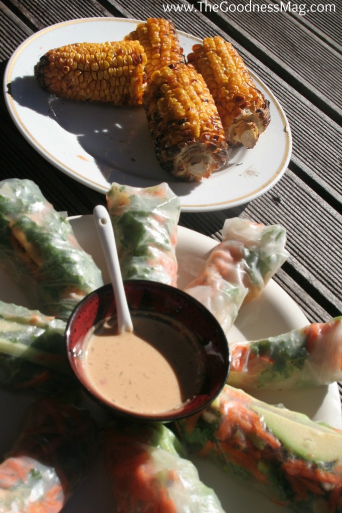 rice paper rolls with peanut dipping sauce and grilled corn on the cob